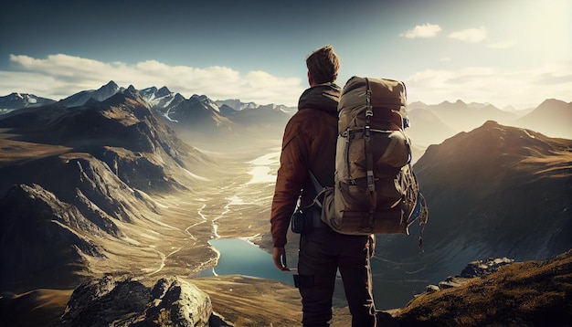 Hiker standing on top of mountain peak