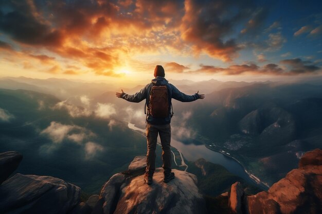 A hiker standing triumphantly atop a mountain peak Generative Ai