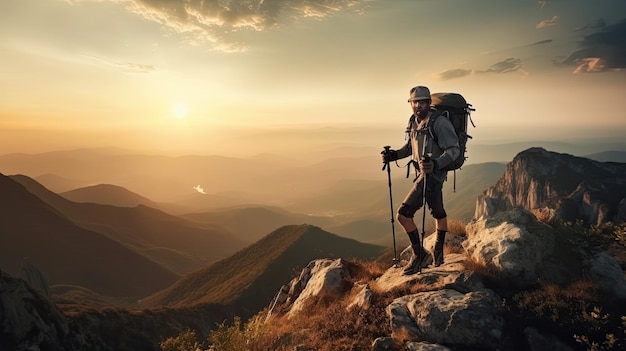 A hiker stands on a mountain top with a sunset in the background.