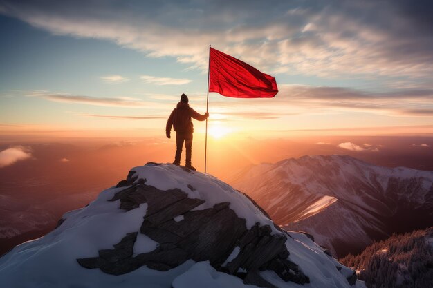 Hiker stands at the summit of a difficult mountain climb