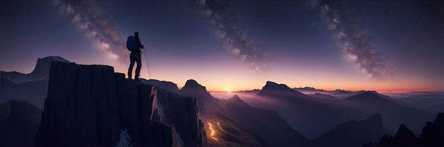 Hiker at the summit of a mountain overlooking a stunning view Generative AI