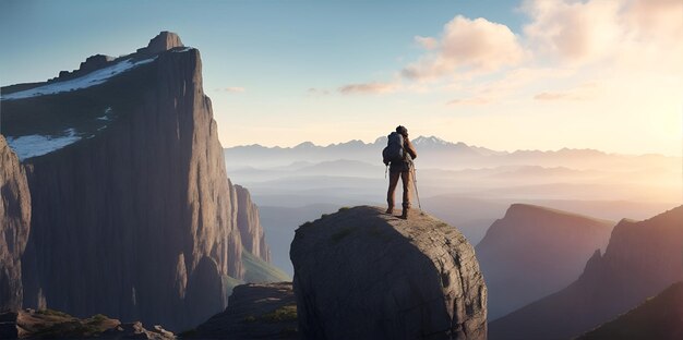 Hiker at the summit of a mountain overlooking a stunning view Generative AI