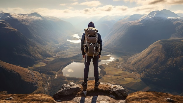 Hiker at the summit of a mountain overlooking a stunning view