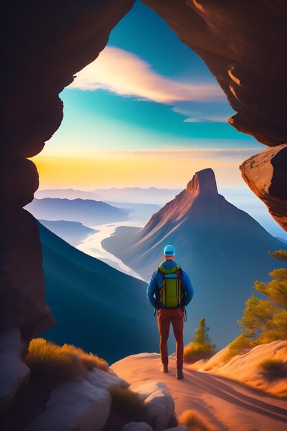 Hiker at the summit of a mountain overlooking a stunning view