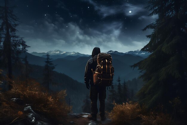 A Hiker Top of the Hill at Night