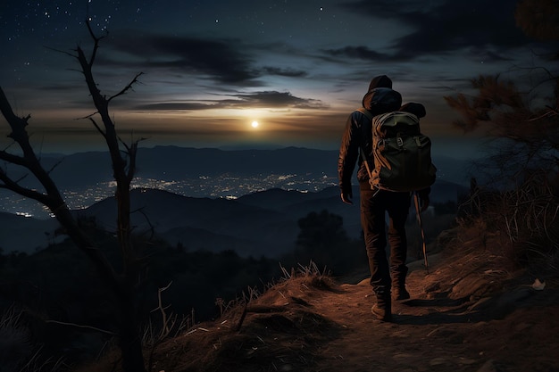 A Hiker Top of the Hill at Night