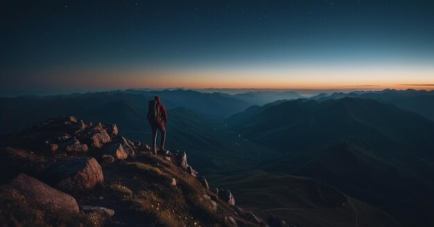 Hiker on top of mountain at night