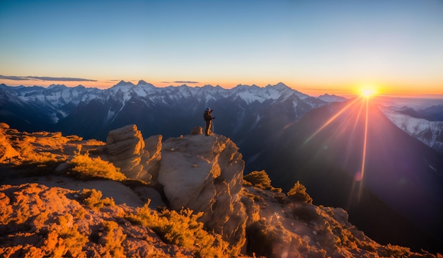 Hiker on top of the mountain at sunrise Beautiful winter landscape