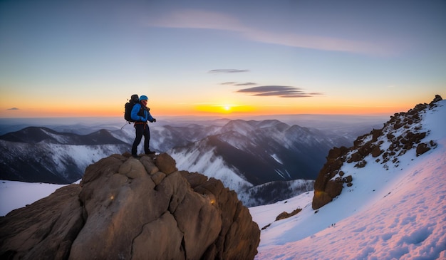 Hiker on the top of a mountain at sunset beautiful winter landscape