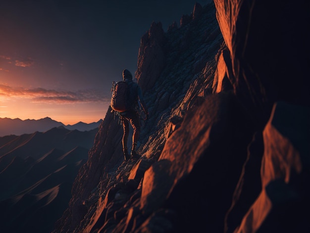 Hiker on the top of the mountain at sunset Extreme sport