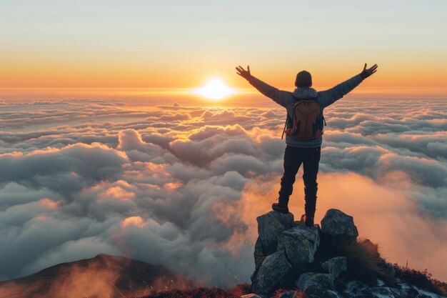 A hiker on top of a mountain at sunset or sunrise raising his arms enjoying his climbing success