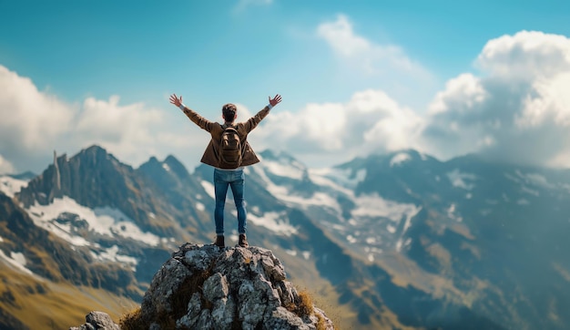 Hiker on top of the mountain with raised hands up enjoying the view generative ai art