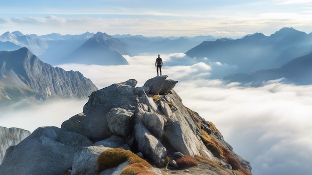 A hiker on top of a rocky summit in the mountain Generative AI