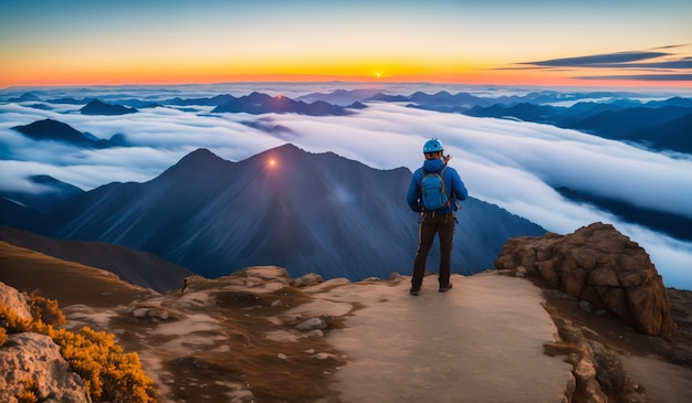 Hiker on top of a snowy mountain at sunset Extreme sport