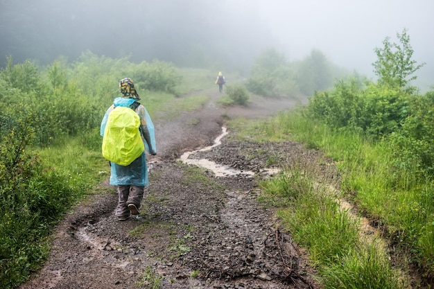 Hiker tourist in raincoat travels to green mountain forest in the fog with the yellow backpack