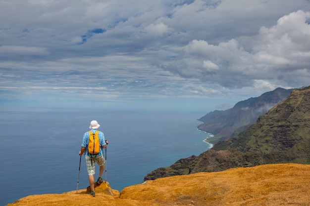 Hiker on the trail in Hawaii, USA