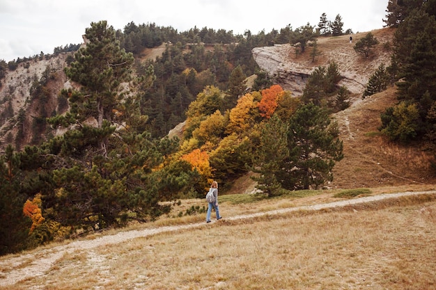 ハイカー旅行者は、秋の山の小道を歩いています