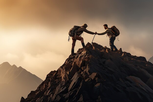 A hiker trekker helping his friend climbing on mountain top