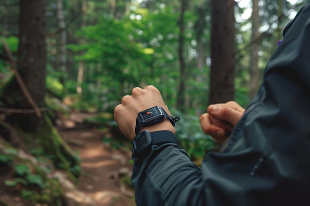 Photo a hiker using a smart band to track steps and alti generative ai