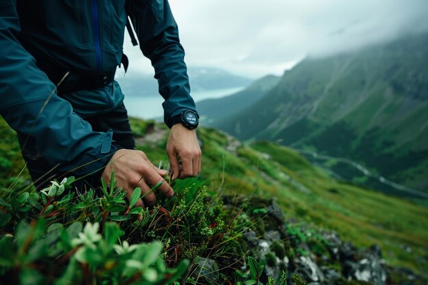 Photo a hiker using a smart band to track steps and alti generative ai