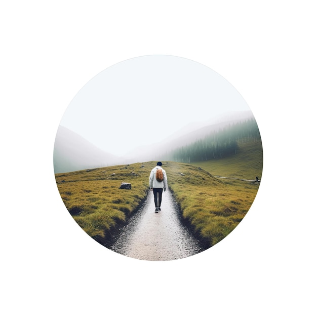 Hiker viewed from different camera lens in nature with circle background