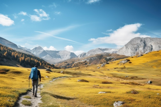 A hiker walking on a mountain meadow in spring or autumn