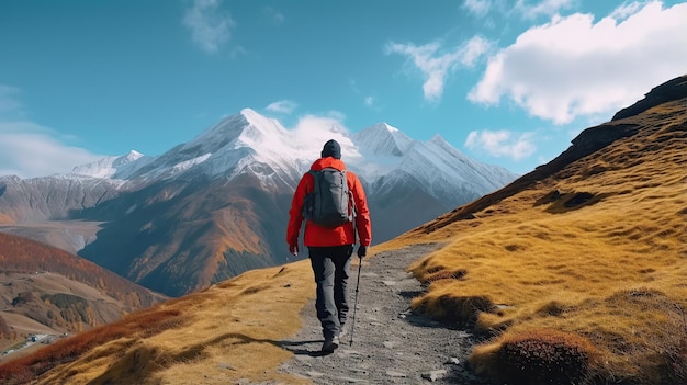 Hiker walking to mountain