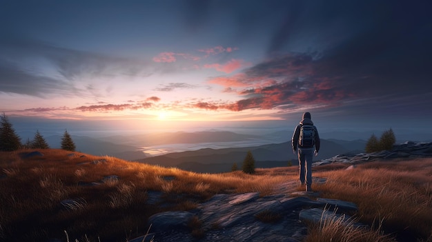 Hiker walks on mountain trail at sunset landscape with person tourist generative AI