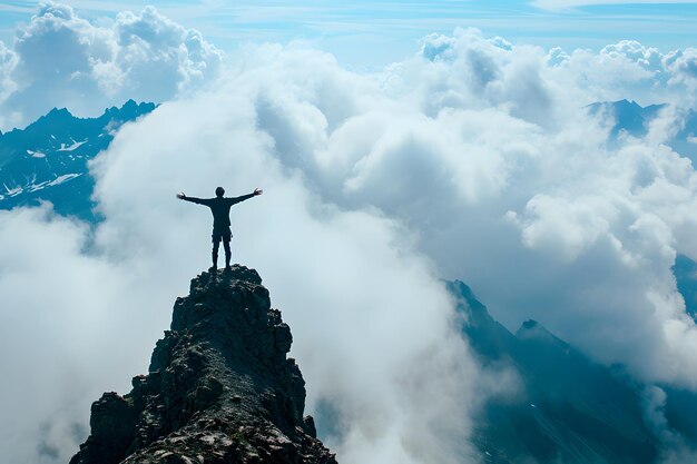Фото Турист с поднятыми руками, стоящий на вершине горы, успешный человек, спорт и концепция успеха.