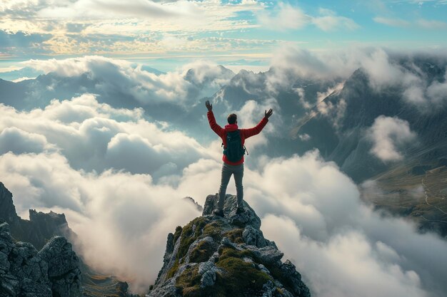 Hiker with arms up standing on the top of the mountain Successful man enjoying triumph