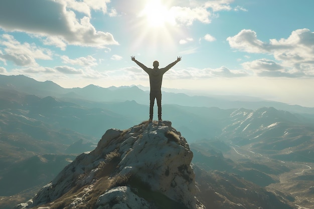 Hiker with arms up standing on the top of the mountain Successful man Sport and success concept