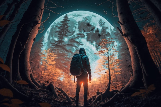 Hiker with backpack on the background of the full moon in the forest Generative AI