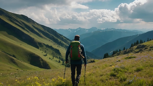 Hiker with backpack hiking in the mountains at sunset Travel concept