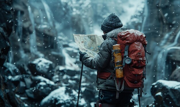 Foto un escursionista con uno zaino che guarda la mappa nella foresta invernale