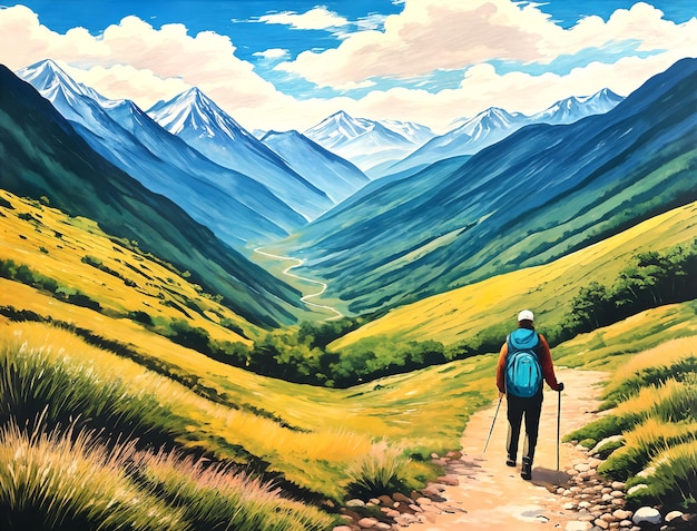Foto un escursionista con uno zaino su un sentiero di montagna