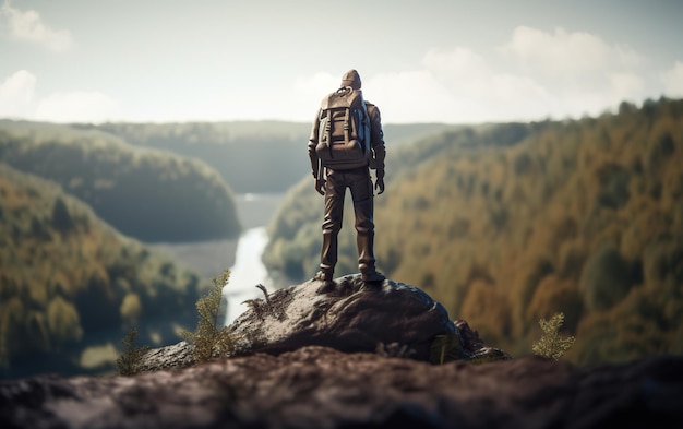 Hiker with backpack standing on the edge of a cliff above the river Generative AI