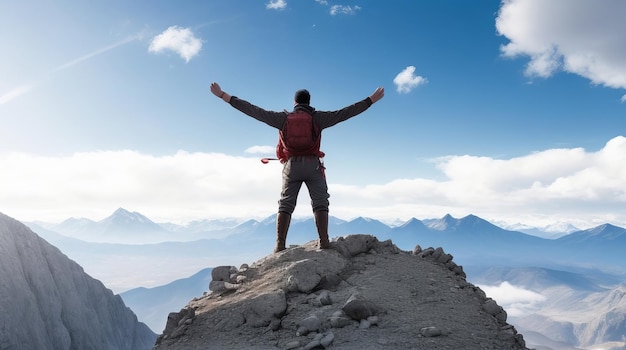 A hiker with a backpack standing in the mountains