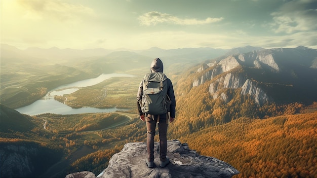 Фото Путешественник с рюкзаком стоит на вершине горы и смотрит на долину с утренним солнечным светом