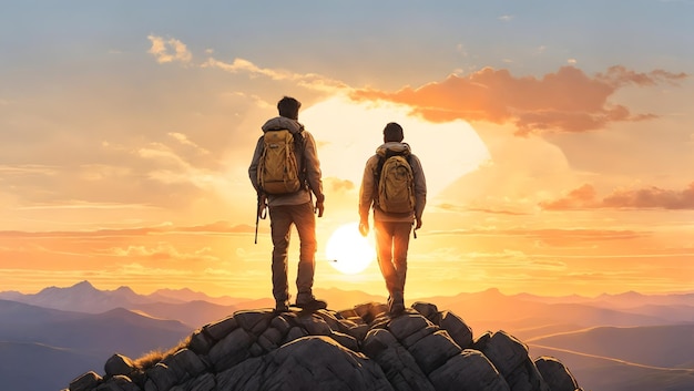 Photo a hiker with a backpack standing on a ridge the sun setting behind them