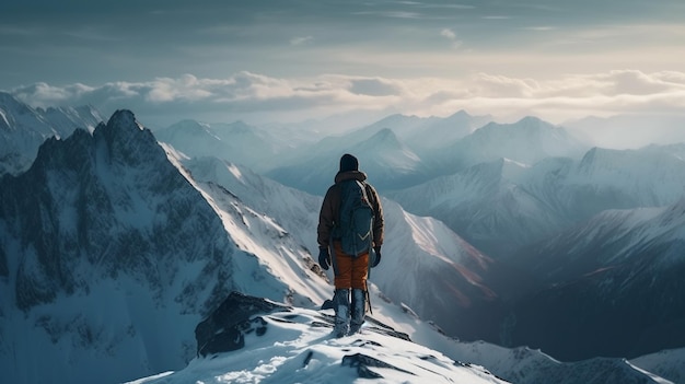 Foto viandante con uno zaino sulla cima di una montagna innevata al tramonto generativo ai