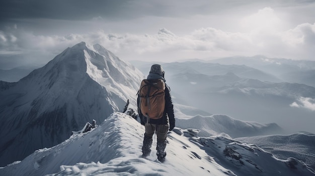 Hiker with a backpack on the top of a snowy mountain at sunsetgenerative ai