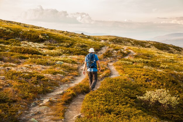 Hiker with backpack traveling mountains Dovre