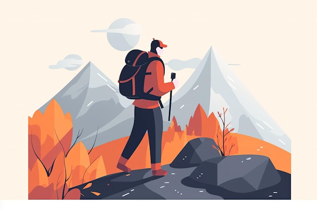 Hiker with backpack and trekking poles in the mountains