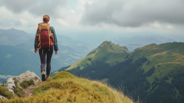 Hiker with a backpack walking on a mountain trail