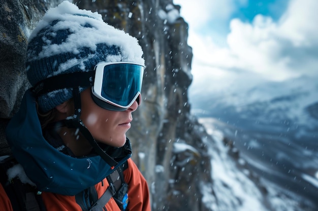 Hiker with snow goggles looking into the distance from a cliff