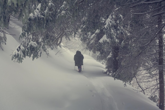 Hiker with snowshoes in winter