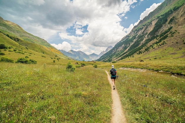 Hiker woman in Otal valley Ordesa y Monte Perdido national park