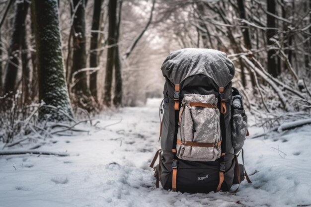 生成 AI で作成された雪道を歩くハイカーのバックパックと装備