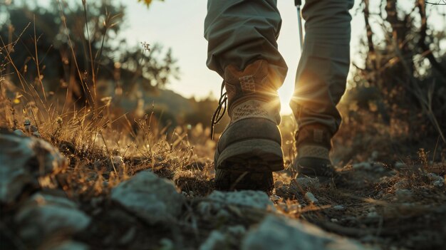 해가 지는 산길의 하이커스 부츠 (Hikers Boots on Mountain Trail at Sunset) 의 왼발의 근접 촬영