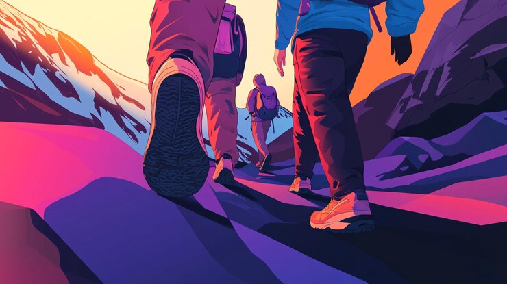 Photo hikers enjoying a beautiful sunset while trekking on trails during national hiking day celebration